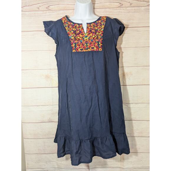 Embroidered Women's Dark Blue V Neck Dress Size Medium - Picture 1 of 6